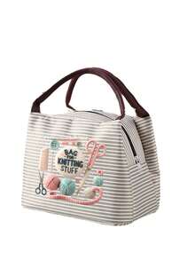 Handbag With Yarn, Scissors And Knitting Needles Print, Suitable For Storing Sewing Tools, Cosmetics And Small Personal Items. Multiple Fresh Striped Color Options, Suitable For Handmade Enthusiasts And Commuters, Artistic Handmade Healing Style, Perfect As A Practical Creative Gift For Girls Who Love Knitting And Sewing - Multicolor - View 16