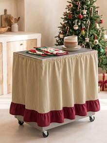 1pc Cream White With Green Stripes And Burgundy Patchwork Trim Kitchen Island Apron, Country Holiday Style Rectangular Top With Wood Grain Countertop And Burgundy Patchwork Skirt Bottom, Decorative Cover For Kitchen Island Cabinet, Suitable For Christmas Kitchen Decoration - Green - View 1