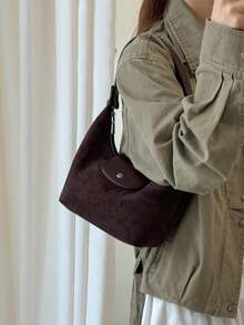 Modern Style Buckle Design Women's Handbag, Fashionable And Versatile Suede PU Adjustable Shoulder Strap Shoulder Bag/Crossbody Bag - Coffee Brown - View 2