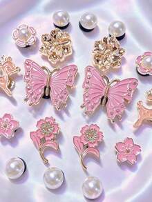 18pcs Gold Pink Shoe Charms (Butterfly, Flower, Deer) Suitable For Shoes With Holes DIY Decoration, Perfect Gift Choice - Gold Pink - View 3