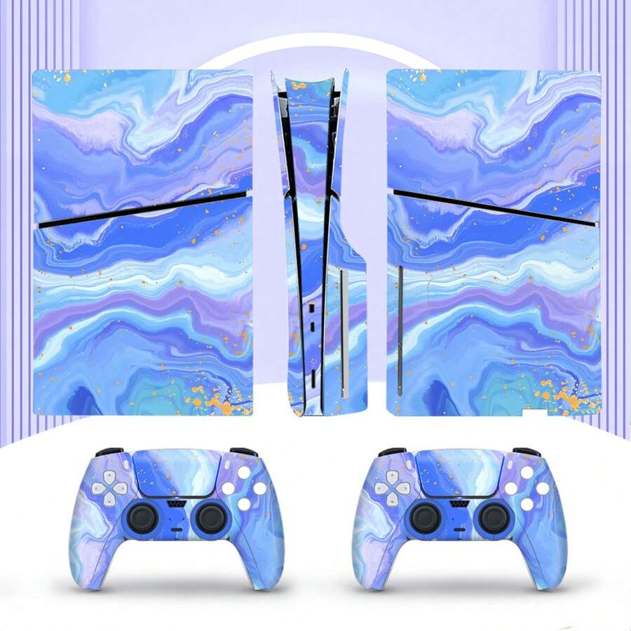 6pcs Blue & Purple Fluid Gold Pattern P5 Slim Game Console Optical Drive Version Stickers, Dust-Proof & Wear-Resistant - View 1