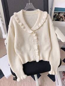 Women's Ribbed Knit Cardigan, Long Sleeve Lapel Short Sweater, Cute Autumn/Winter Knitwear - Apricot - View 5