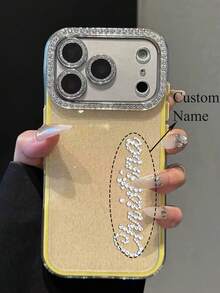 [客製化] 個性化亮片奢華水鑽姓名星星貓耳手機殼，適用於 iPhone 18 Pro Max 17 Pro Max 17 Pro 16 15 14 13 12 11 Pro Max 16 15 Plus - 黃色 - 查看 2