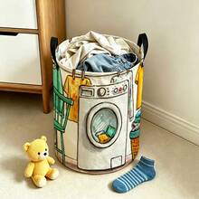 Cartoon Washing Machine Printed Laundry Basket, Foldable Storage Bin, Cute Hand-Drawn Laundry Room Pattern Laundry Basket, Suitable For Toys, Dirty Clothes, And Bedroom Decoration - Multicolor - View 5