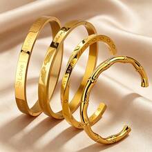 1pc C-Shaped Open Stainless Steel Roman Bangle Bracelet, Suitable For Commuting, Daily Wear, Street Style, Music Festival, Party - Yellow Gold - View 3