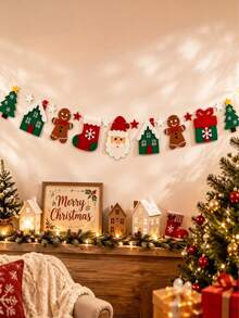 Santa Claus Gingerbread Man Christmas Tree Hanging Bunting, Christmas Party Decoration Flags, Christmas Themed Pattern Design, Perfect For Party Setup, Wall Hanging, Window Decoration, Creating Holiday Atmosphere, Essential Christmas Decor - Multicolor - View 3