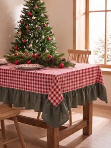 1pc Red And White Plaid Patchwork Green Hem Tablecloth, Country Pastoral Style Fabric Material, Rectangular Red And White Plaid Tabletop With Green Ruffle Edge Hem Patchwork Decoration, Beautify And Protect Tabletop Function, Holiday Dining Tablecloth Suitable For Christmas And Winter Holiday Home Decor Scenes - Green - View 9