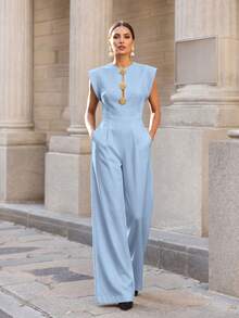 Casual Elegant Minimalist Solid Color Woven Fabric Front Button Zipper Pocket Jumpsuit, Suitable For Office Wear Spring/Summer - Light Blue - View 1