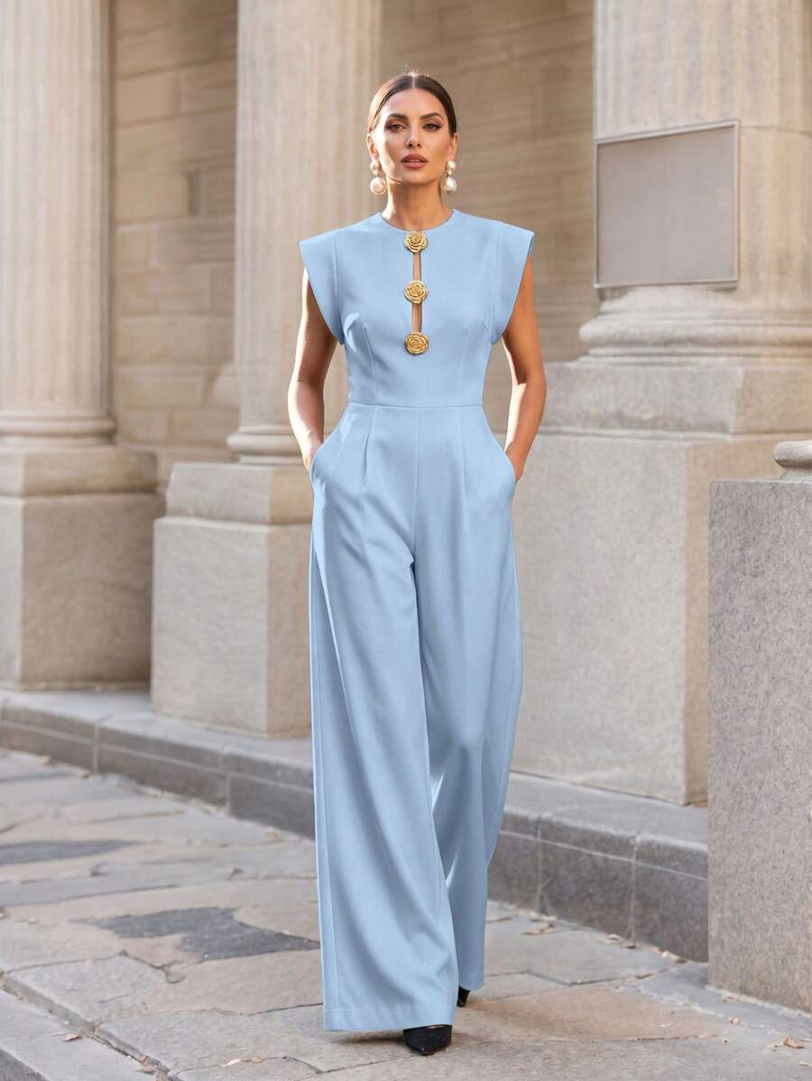 Casual Elegant Minimalist Solid Color Woven Fabric Front Button Zipper Pocket Jumpsuit, Suitable For Office Wear Spring/Summer - Light Blue - View 1