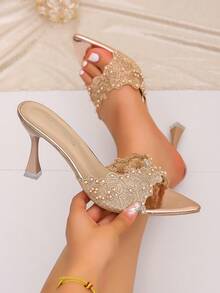 Women's Embroidered Beaded Decor Open Toe Mule Sandals, Ruffle Trim High Heel Slip-On Party Sandals, Fashion Beaded High Heel Sandals - Champagne - View 1