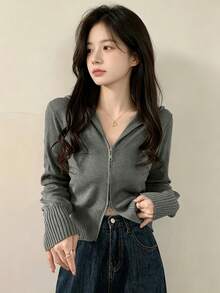 Solid Zip Through Crop Hooded Cardigan,Long Sleeve Tops Casual Fall - Grey - View 1