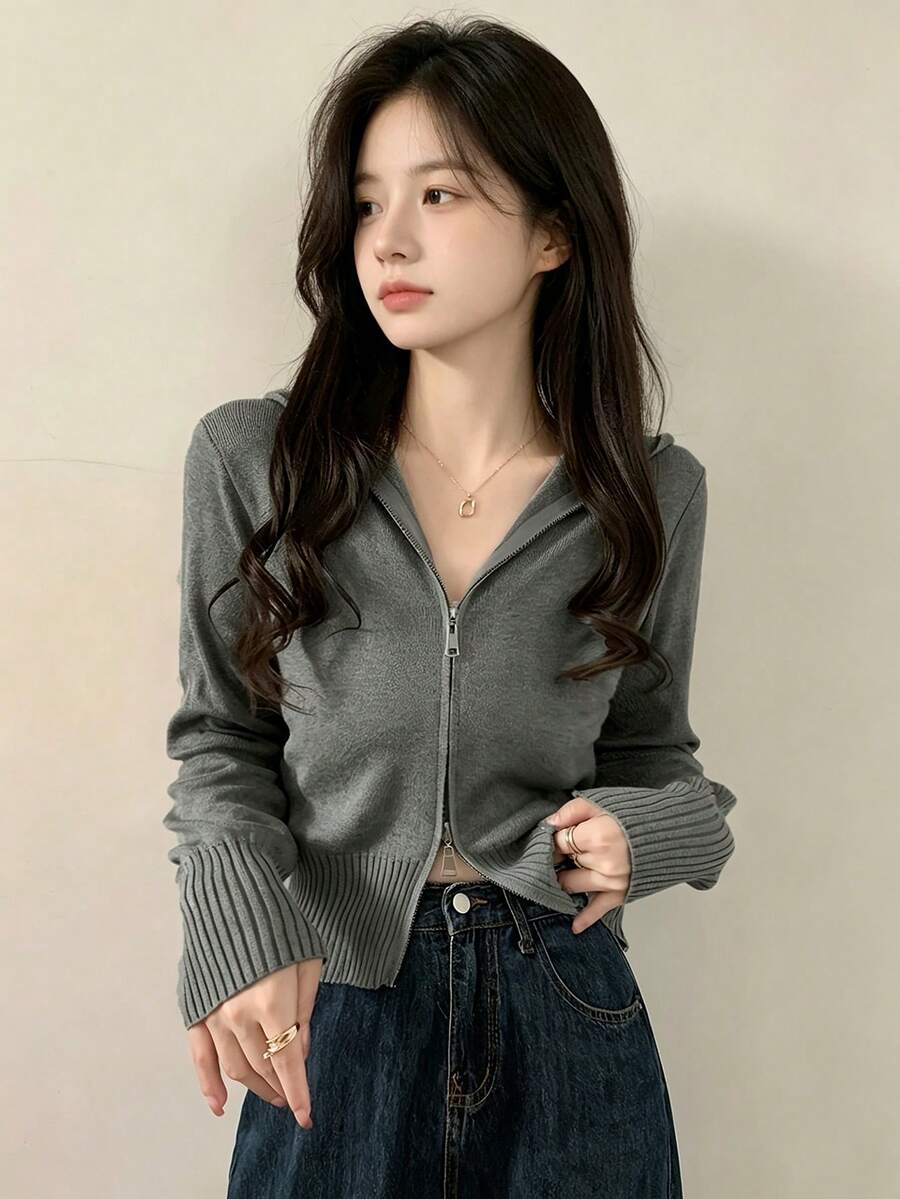 Solid Zip Through Crop Hooded Cardigan,Long Sleeve Tops Casual Fall - Grey - View 1