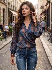 Women's Autumn Bohemian Print Button Satin Design Top, Comfortable Fashionable Elegant Versatile Commute Autumn/Winter Blouse - Navy Blue - View 2