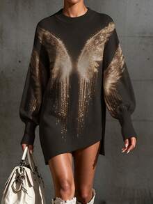 Plus-Size Women's Angel Wing Print Loose Sweater, Irregular Slanted Hem Design, Lantern Sleeves, Perfect For Autumn And Winter. - Multicolor - View 11