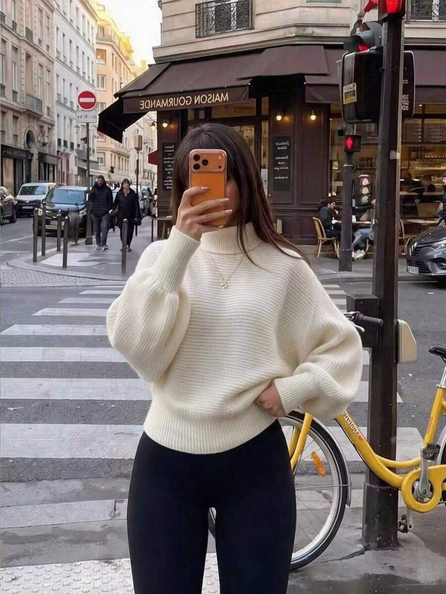 MORI Fall Winter Women Sweaters Elegant Casual Y2K Off White Turtleneck Ribbed Knit Tops Drop Shoulder Loose Pullover Streetwear Outfits - White - View 1