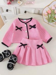 2pcs Baby Girl Elegant Playful Bow Long Sleeve Cardigan & Skirt Set, Spring/Autumn Party - Hot Pink - View 1