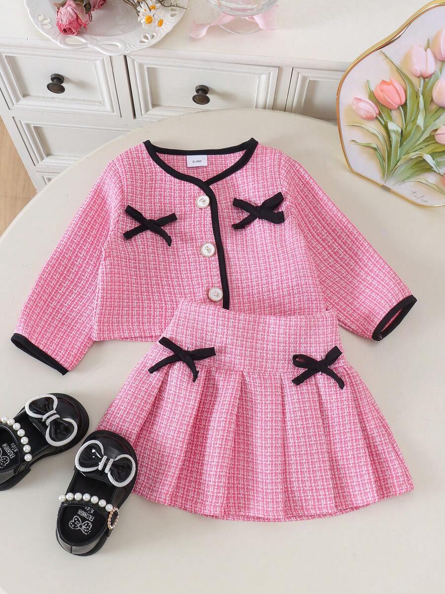 2pcs Baby Girl Elegant Playful Bow Long Sleeve Cardigan & Skirt Set, Spring/Autumn Party - Hot Pink - View 1