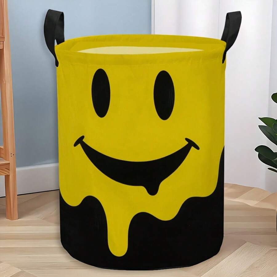 Melting Smiling Face Laundry Basket, Foldable Round Storage Bin, Yellow And Black Dripping Pattern For Dirty Clothes And Toys, Bedroom Decor - Yellow - View 1