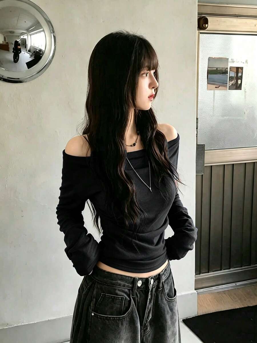 性感修身露肩长袖上衣,女士秋冬休闲黑色 - 黑色 - 查看 1
