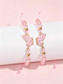 2pcs/Set Minimalist Fashion Butterfly Alloy Pendant Braided Bracelet Set, Girls Best Friend Daily Wear Sister Friendship Accessory Gift - Multicolor - View 2