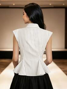 1pc Striped Ruffle Waist-Cinching Blouse For Women, Holiday Office Daily Wear - White - View 2