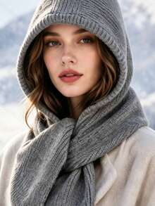 Hooded Knit Scarf, One‑Piece Hat Scarf Combo, Ribbed Knit Scarf With Hood, Winter Head And Neck Wrap Accessory, Multi‑Color Option For Cold Weather Daily Winter Outfit Matching - Multicolor - View 14