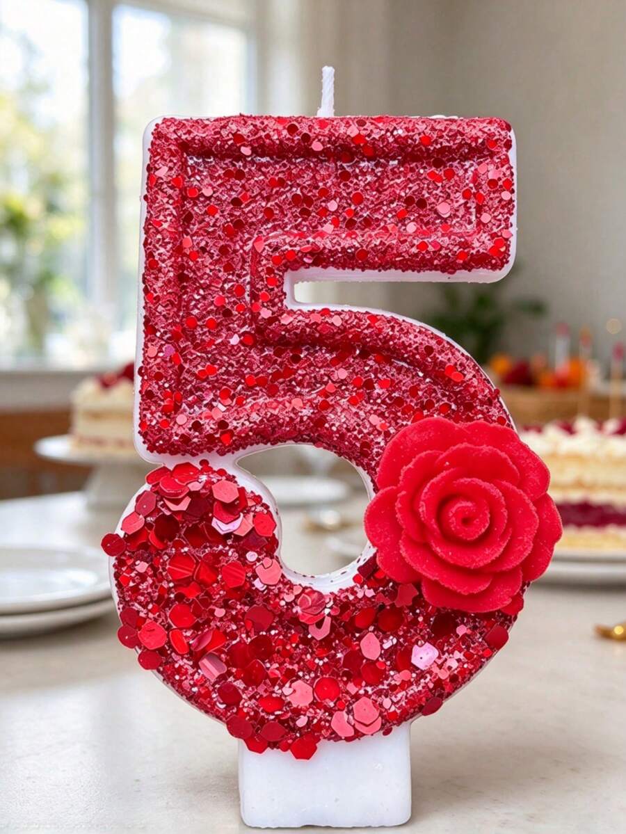 1pc Red Number Birthday Candle, Romantic Rose Number Candle - Multicolor - View 1
