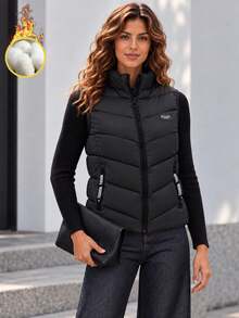 Women's Black Thermal-Lined Quilted , Stand Collar Sleeveless Zip-Up Design With Zipper Pockets For Layering - Black - View 1