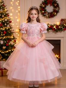 Girls' High-Low Tail Formal Dress With Sequins And Multi-Layer Tulle, Wedding And Graduation Ceremony Ball Gown, Princess Dress, All Seasons - Pink - View 1