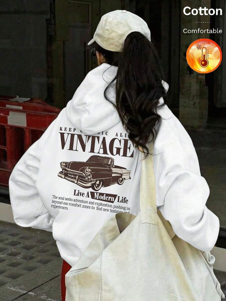 هودي نسائي من الصوف الناعم للخريف والشتاء مع KEEP ALIVE VINTAGE، طباعة سيارة عتيقة، Y2K - أبيض - مشاهدة 1
