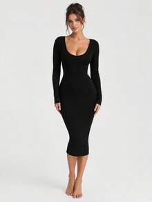 Solid Color Long Sleeve V-Neck Slim Fit Mid-Length Dress, Casual Black Elastic Spring Women's Dress - Black - View 1