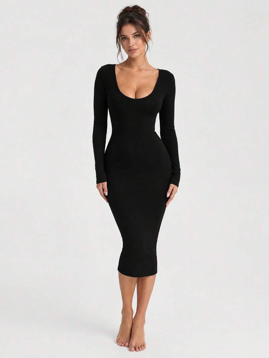 Solid Color Long Sleeve V-Neck Slim Fit Mid-Length Dress, Casual Black Elastic Spring Women's Dress - Black - View 1