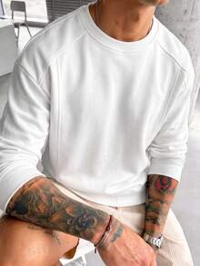 Blueprint Man 1pc Men's White Raglan Crew Neck Long Sleeve Sweatshirt, 280g Heavyweight Draping Fabric, Soft & Smooth Skin-Friendly Material, Loose Raglan Sleeve Fit, Flattering For All Body Types, Minimalist Casual Home Style, Autumn/Winter Inner Layer, Machine Washable, Daily Commute & Outdoor Wear, Old Money Style - White - View 2