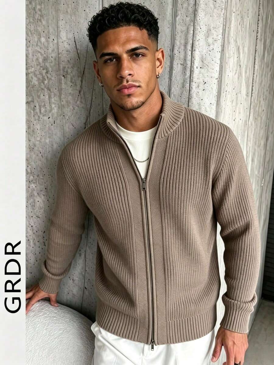 GRDR Men's Casual Long Sleeve Zip-Up Cardigan Sweater, Versatile For Daily Wear