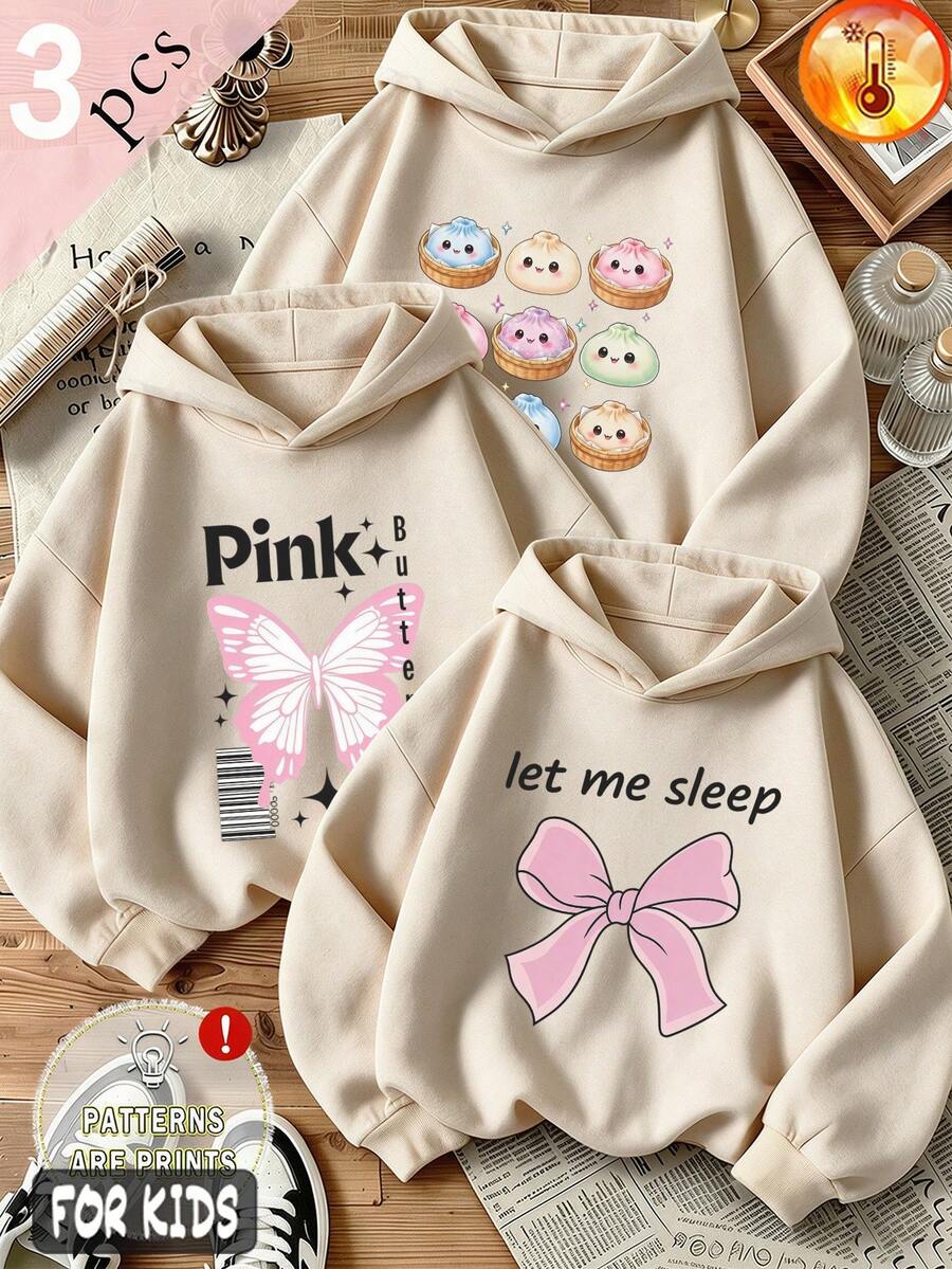 Autumn/Winter 3 Pieces Set: Girls' Fleece Hoodie With Donut, Pink Bow, "Pink" And "Let Me Sleep" Prints, Y2K Style - Apricot + Apricot + Apricot - View 1
