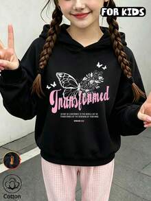 Tween Girls Butterfly Floral Letter Print Sweatshirt, Casual Long Sleeve Hooded Pullover - Black - View 3