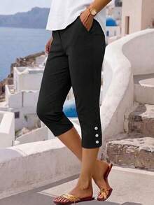 Jisfaneya Women's Casual Capri-Length Pants With Pocket Buttons - Black - View 1
