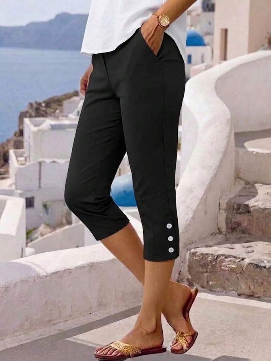 Jisfaneya Women's Casual Capri-Length Pants With Pocket Buttons - Black - View 1