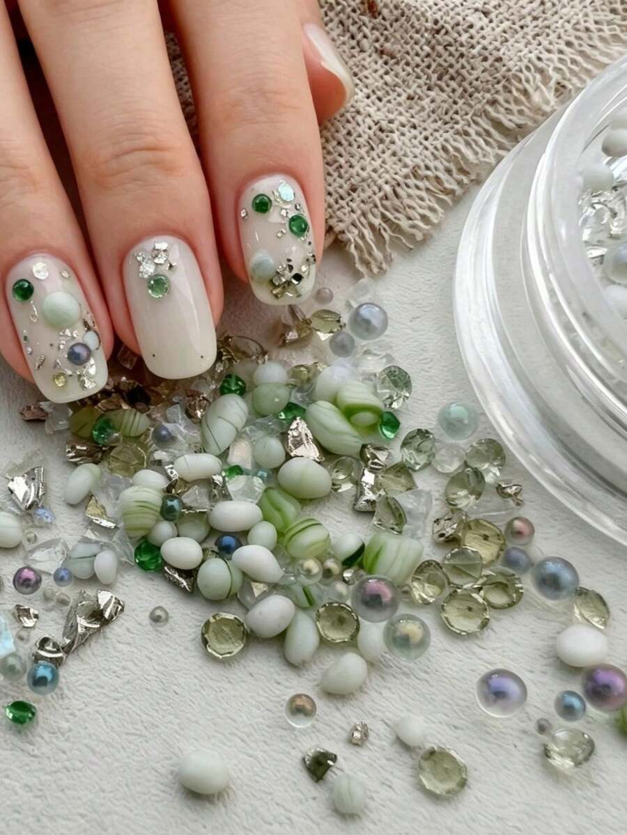1box/2boxes Fall Autumn Nails New Forest Green Mixed Beads Iridescent Rhinestone & Crushed Stone Nail Art Decor, Suitable For Autumn Natural Style DIY Nail Art, Same As Nail Salon Style - Multicolor - View 1