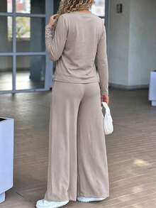 GLAMSKIN Women's Autumn Cotton 2 Pieces Set, Long Sleeve Round Neck Top + Drawstring Wide Leg Pants, Soft Home Casual Street Style Matching Set - Light Khaki - View 9
