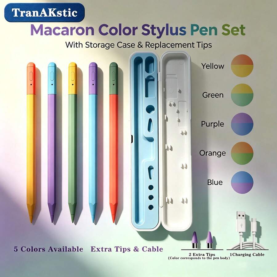 TranAKstic 1 Set Macaron Multi-Color Universal Stylus Pen/Handwriting Pen/Gaming Pen, Set (Includes Storage Box + 2 Replacement Tips + Charging Cable), Universal For Phone And Tablet, Features Replaceable Tip Design, Double-Click Top To Turn On - View 1