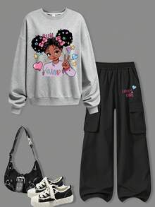 2pcs/Set Girls Outfit, Crew Neck Sweatshirt With Cool Girl Graphic, Paired With Simple Casual Cargo Pants, Y2K Cartoon Design Style, Autumn/Winter - Grey - View 2