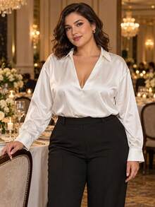 Women's Fashion High-End Solid Color Elegant Blouse Pullover Top For Vacation And Office, Autumn/Winter - Creamy White - View 2