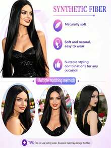 40"Long Black Wig For Women Straight Middle Part Synthetic Wig For Cosplay Halloween - Multicolor - View 11