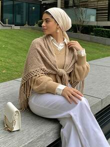 1PC Women's Autumn/Winter New Solid Color Triangle Tassel Knit Scarf Shawl - Camel - View 3