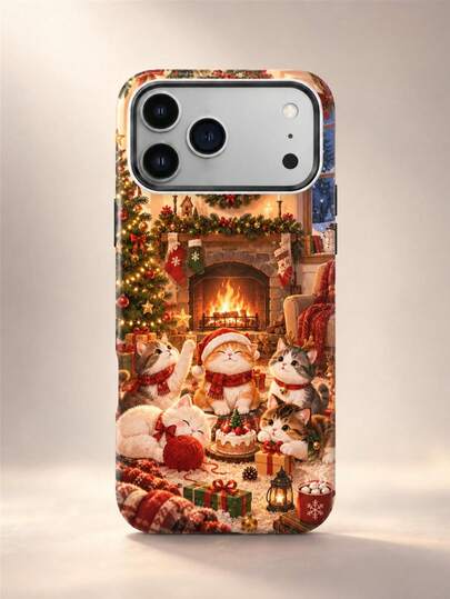 1PC Christmas Cat Phone Case, Cute Christmas Kittens Wearing Santa Hats & Red Scarves Gathered Around A Festive Christmas Tree, Cozy Fireplace, Stockings, Gift Boxes, Hot Cocoa & Holiday Decorations, Warm Winter Wonderland Aesthetic, Adorable Christmas Holiday Style, Detailed Cozy Home Scene Print, Slim Lightweight Protective Cover Compatible With Iphone 12 13 14 15 16 17 18 Series, Pro, Pro Max, Plus & Mini