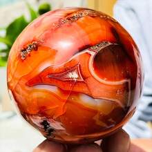 1pc Random Natural Carnelian Sphere - Red Agate Crystal Ball With Quartz Inclusions And Banding Patterns, Smooth Spherical Gemstone For Home Decor, - Multicolor - View 12