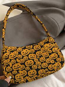 1pc Jack-O'-Lantern All-Over Print Corduroy Shoulder Bag, Underarm Bag, Large Capacity, Zip Closure Baguette Handbag For Party Daily Travel Gift - Multicolor - View 2