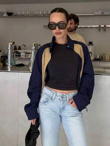 Women Sports Casual Color Block Stand Collar Long Sleeve Zippers Coat Autumn Casual Jacket - Apricot - View 9