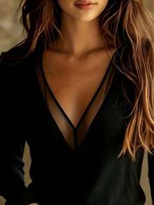 Women's Autumn/Winter Sexy Style Mesh Patchwork V-Neck Ribbed Long Sleeve Top, Slim Fit Flattering Elastic Knit T-Shirt, Solid Color Black - Black - View 5